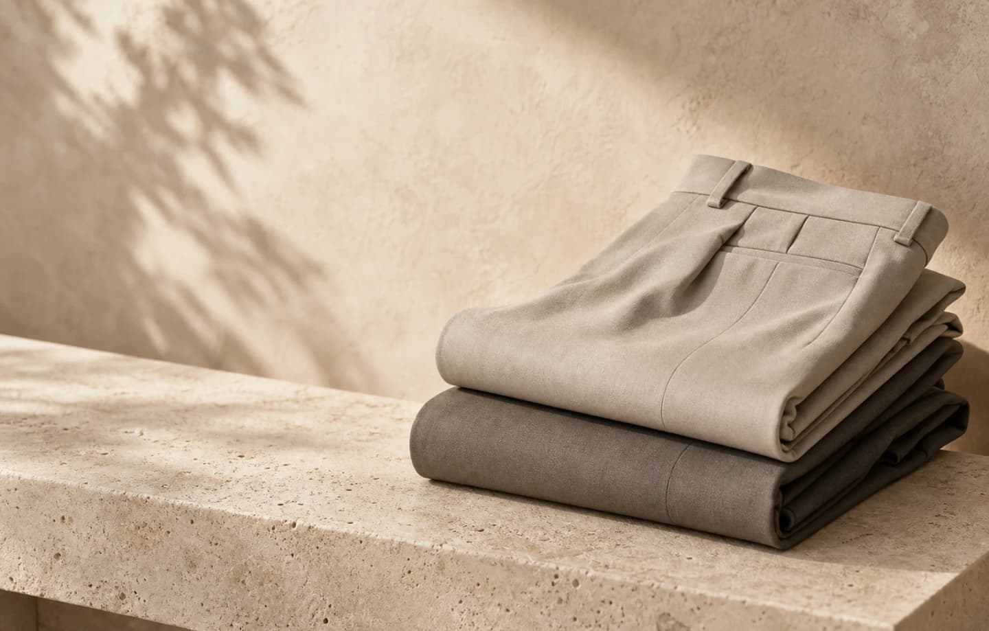 Folded AEVRO trousers in a relaxed weekend setting