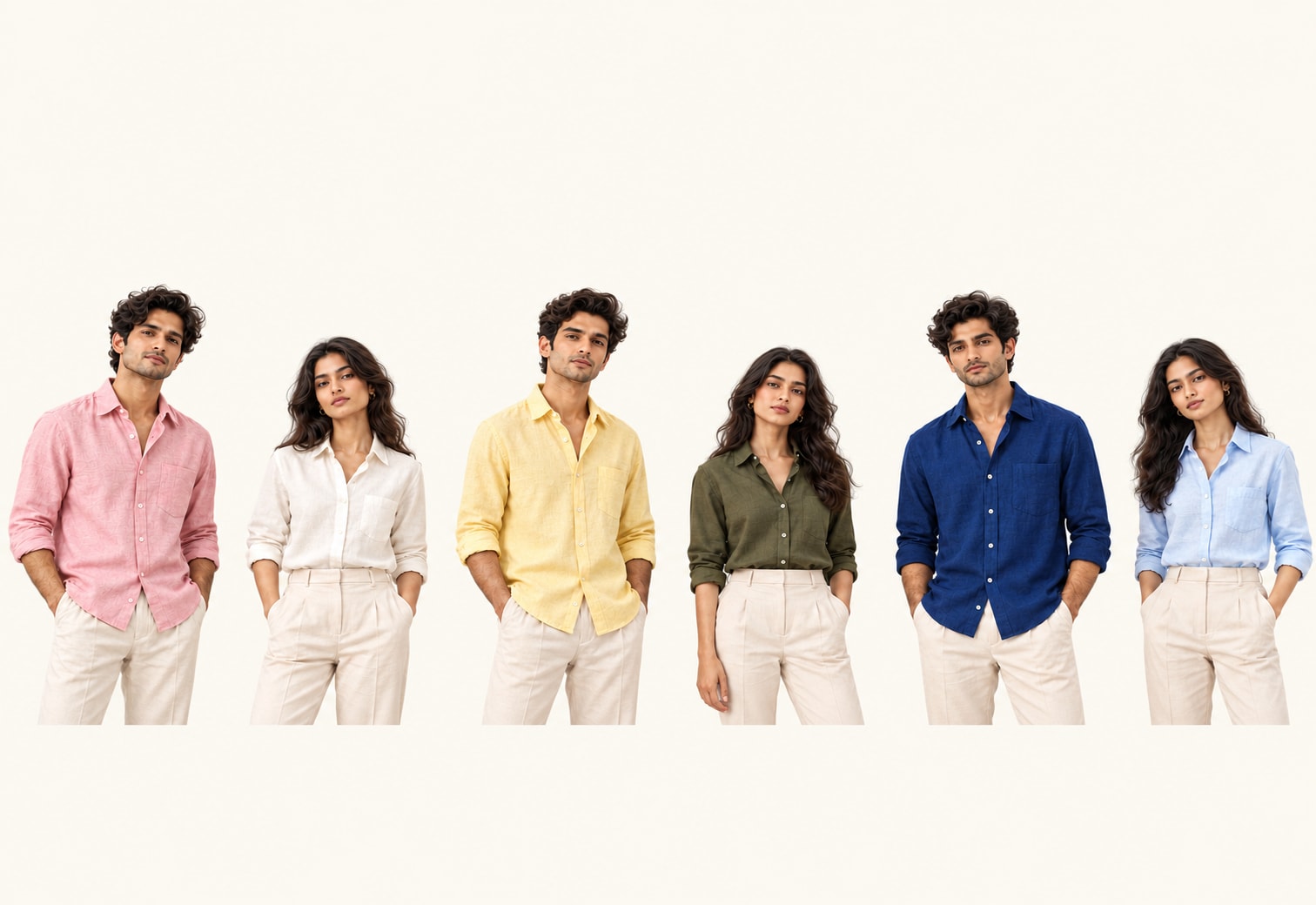 Six models wearing AEVRO shirts in pink, white, yellow, olive, navy, and light blue with cream trousers